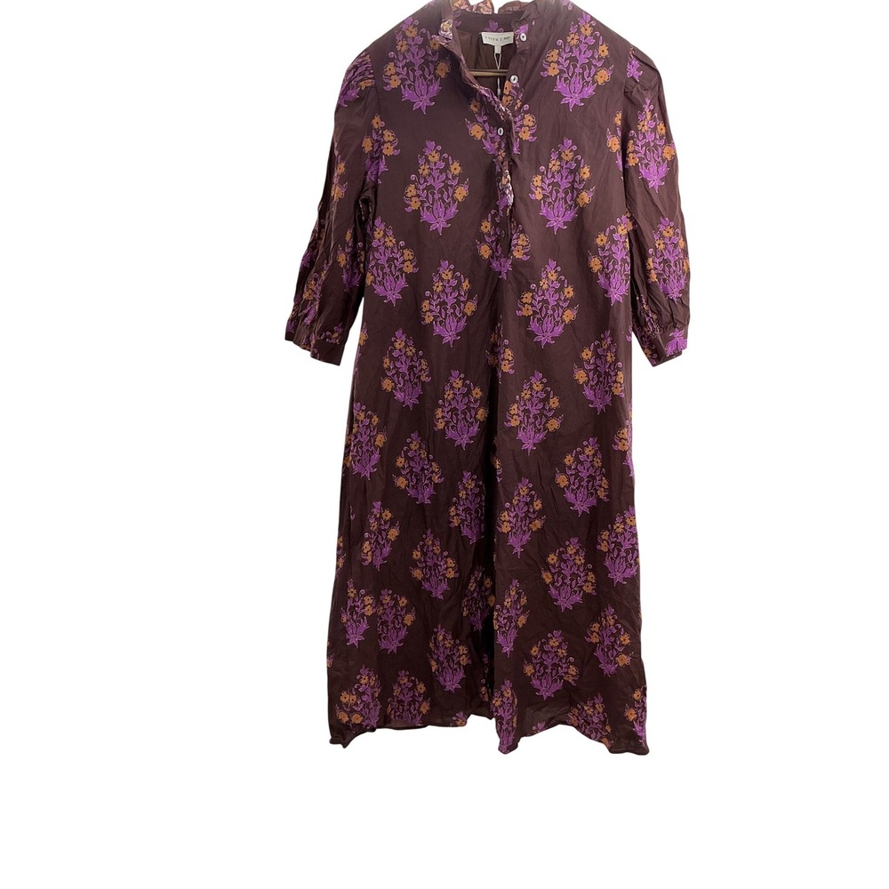 Entro Glinda Dress Brown Purple Floral Block Print Midi Ruffle Henley Large NEW - Picture 11 of 15